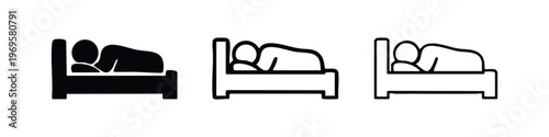 Sleeping person on side icon set. Man or woman resting in bed in solid, outlined, and thin line styles.