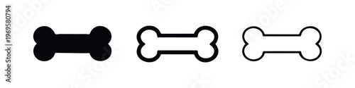 Dog bone icon set. Pet chew toy in black solid, outlined, and thin line styles.