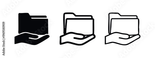 Modern hand holding folder icon set for file management and digital storage solutions