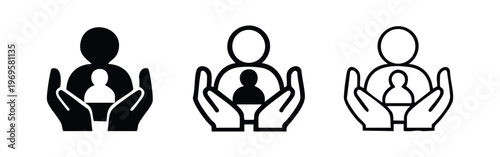 Customer care, user support, or client protection icon set depicting hands nurturing a user.
