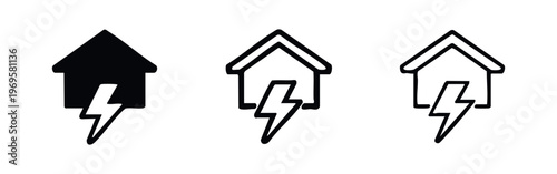 House with Lightning Bolt Icon Set. Home electricity symbol, power outage or energy house sign in solid, bold outline, and thin outline styles.