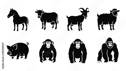 A collection of farm and wild animals depicted in a striking black silhouette style silhouette high quality professional detailed modern elegant