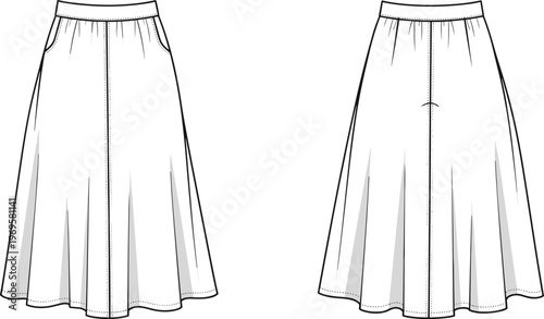 Women's A line midi skirt illustration with elastic waistband and side pockets, front and back view, casual elegant fashion apparel design