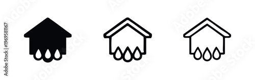House with Water Leak Icon Set. Home water damage symbol, leaky roof property sign in solid, bold outline, and thin outline styles.
