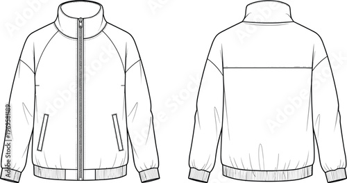 Women zip up bomber jacket technical fashion flat sketch front and back view casual outerwear modern apparel vector template design