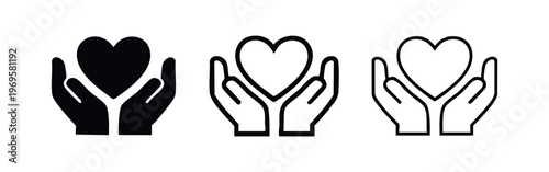 Hands Holding Heart Icon Set. Love care charity symbol, Valentine's Day graphic in solid, bold outline, and thin outline styles.