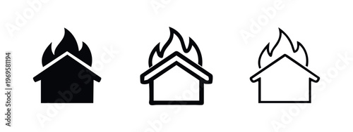House on Fire Icon Set. Home burning disaster symbol, property fire graphic in solid, bold outline, and thin outline styles.