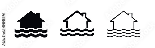 Flooded House with Chimney Icon Set. Home flood disaster symbol, property water damage graphic in solid, bold outline, and thin outline styles.