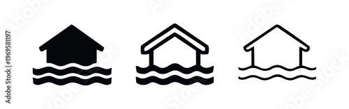 House Flooded Icon Set. Home water damage symbol, flood disaster graphic in solid, bold outline, and thin outline styles.