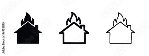 House on Fire Icon Set. Home insurance, disaster, and emergency vector illustration.