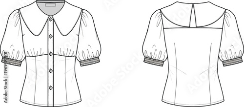 Women's blouse illustration with Peter Pan collar and puff sleeves, button front design, front and back view, elegant feminine fashion top
