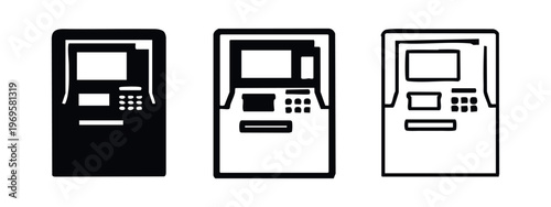 ATM machine and information kiosk icon set for banking, self-service, and financial transactions.