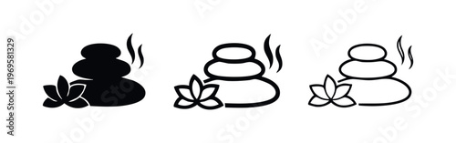 Spa stones and lotus flower icon set for relaxation, wellness, meditation, and beauty concepts.