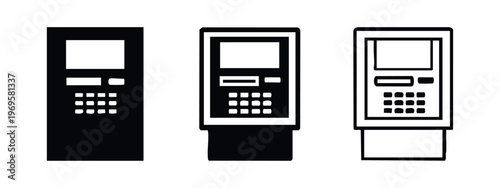 ATM machine and information kiosk icon set for banking, self-service, and financial transactions.