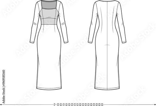 Women's long sleeve bodycon maxi dress illustration with square neckline and fitted silhouette, front and back view elegant modern fashion design