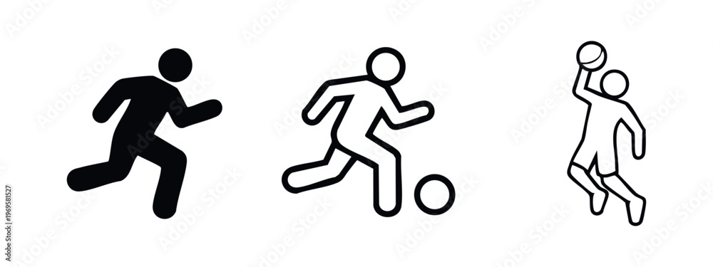 Obraz premium Action sports vector icon set. Running, soccer, and basketball symbols for athletic activities.