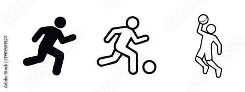 Action sports vector icon set. Running, soccer, and basketball symbols for athletic activities.