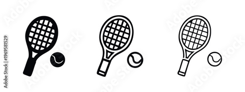 Tennis racket and ball icon set. Sport equipment symbols for tennis game and athletic activity.