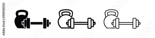 Gym equipment icons set. Kettlebell and dumbbell symbols for fitness, workout, and strength training.