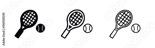 Tennis racket and ball icon set. Sport equipment symbols for tennis game and athletic activity.
