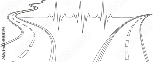 Two diverging winding roads with a central heartbeat line representing life's journey, choices, and the importance of health.
