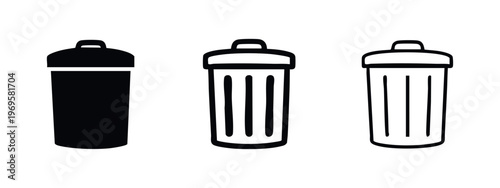 Garbage Can Icon Set with Lid - Waste Bin Symbol