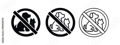 No Dogs or Cats Allowed Icon Set. Pet prohibition symbols for public spaces in various visual styles.