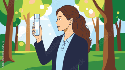 Woman Using Smartphone in Park Nature Scene.