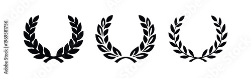 Laurel Wreath Award Icons. Vector set of victory and honor symbols, classic wreath designs for achievement.