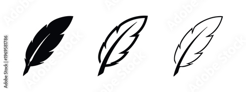 Feather Icon Set. Vector collection of quill pen and bird feather symbols in different styles.
