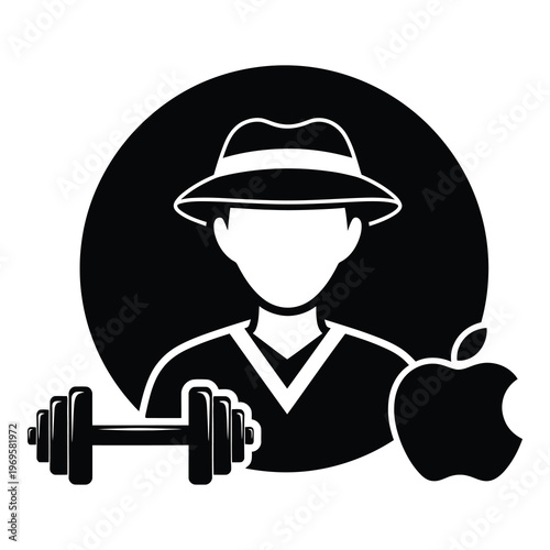 Man in a hat holding a dumbbell next to an apple icon