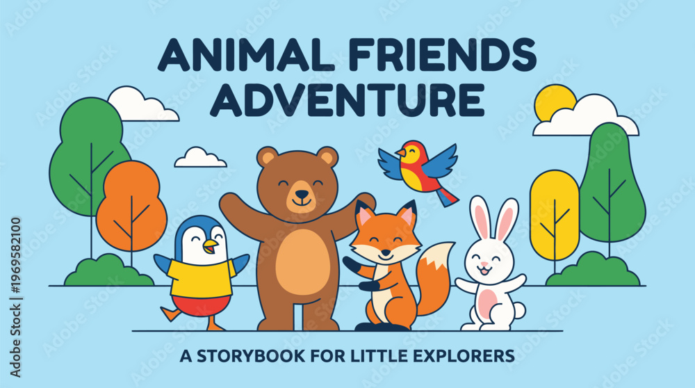 Fototapeta premium Animal Friends Adventure Childrens Book Cover Illustration.