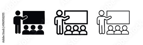 Presentation icon vector with speaker and audience in three styles for education, business, and public speaking.