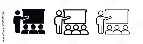 Presentation icon vector with speaker and audience in three styles for education, business, and public speaking.