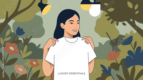 Young Woman Holding White T-Shirt Outdoors.