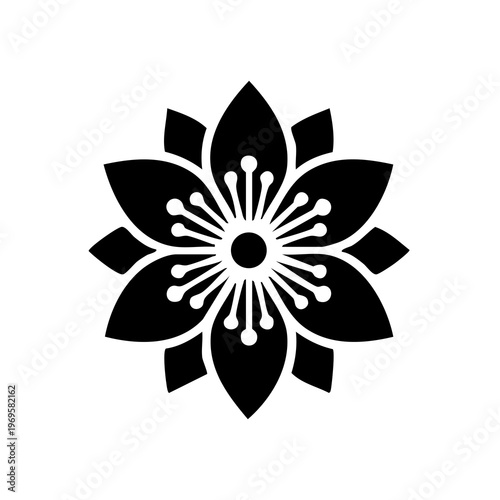 Bold Floral Mandala Icon – Black Symmetrical Flower Vector Design with Botanical Petals