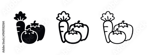 Fresh Vegetable Icons: Carrot, Tomato, and Bell Pepper in Solid, Bold Outline, and Thin Outline Styles