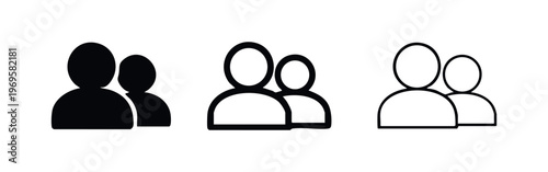 Two Users Profile Icon Set: People Group Symbol in Solid, Bold Outline, and Thin Outline Styles