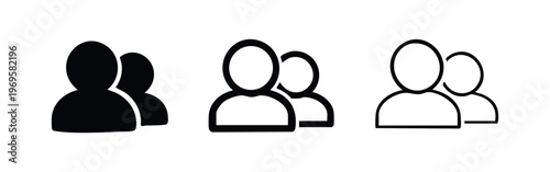 Group of Two People Icon Set: User Profiles in Solid, Bold Outline, and Thin Outline Variations