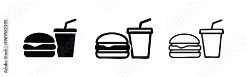 Fast Food Meal Icon Set with Hamburger and Drink in Different Styles