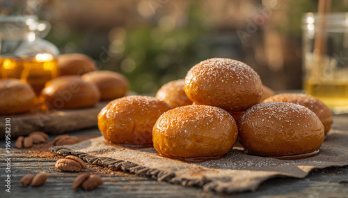 Sweet golden fried donuts dusted with powdered sugar, arranged on a rustic cloth, with a blurred background of honey and nuts, baked goods