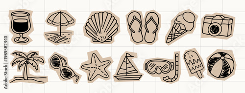 Hand-drawn summer scrapbook elements including ice cream, sunglasses, flip flops, palm tree, surfboard, beach ball, camera, umbrella, starfish, and popsicle