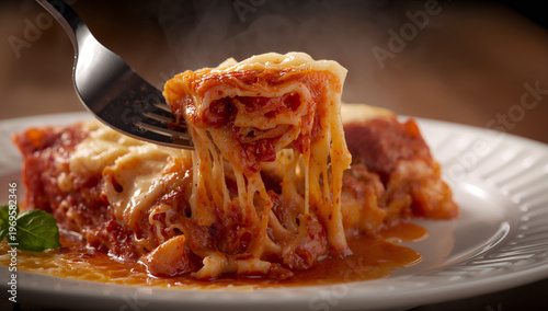 Cheesy lasagna being lifted with a fork, showing rich layers of pasta, meat sauce, and melted cheese, served hot on a white plate, evoking comfort and italian cuisine