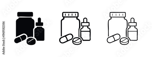 Medicine Bottles and Pills Icon Set, Pharmacy and Medication Treatment Vector