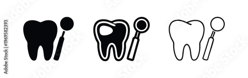 Dental Care Tooth and Mirror Icon Set, Dentistry Tools and Oral Health Vector