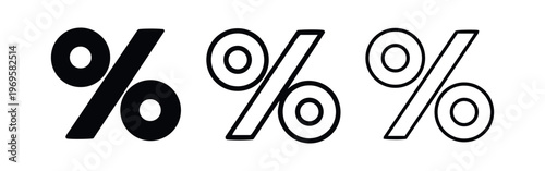 Percentage sign icon set, discount and rate indicator symbols. Black silhouettes and outline variations for finance and marketing.