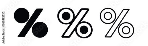 Percentage symbol icon set in various styles, representing discount, sale, and financial rates.