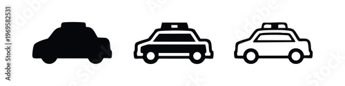 Taxi cab front view icon set in different styles, representing public transport and urban travel.