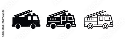 Fire truck side view icon set in various styles, representing emergency services and fire safety.