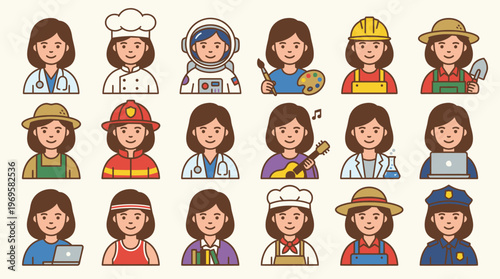 Diverse Female Characters in Various Attire and Roles.